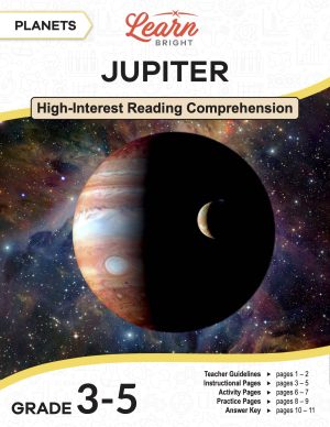 This is the title page for the Planets: Jupiter lesson plan. The main image is an illustrative picture of Jupiter with one of its moons nearby. The orange Learn Bright logo is at the top of the page.
