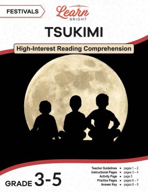 This is the title page for the Tsukimi lesson plan. The main image is of a bright and big moon with three silhouettes of children in front of it. The orange Learn Bright logo is at the top of the page.