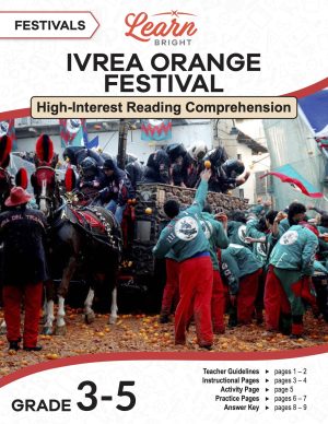 This is the title page for the Ivrea Orange Festival lesson plan. The main image is of a bunch of people cheering and throwing oranges. The orange Learn Bright logo is at the top of the page.